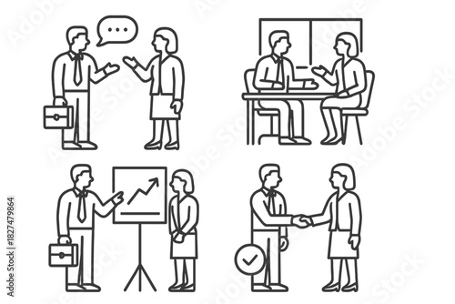 Professional business communication and partnership concepts showing meeting, presentation, discussion, and agreement