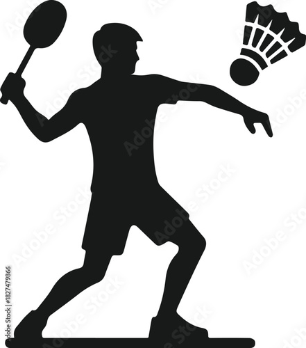 Monochrome vector illustration of a badminton player in action.