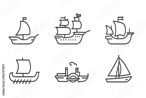 Outline icons of historical and modern sailing ships, boats, and water transport vessels