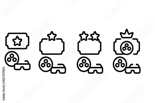Outline style cinema and movie symbols featuring tickets, film reels, and 3D glasses