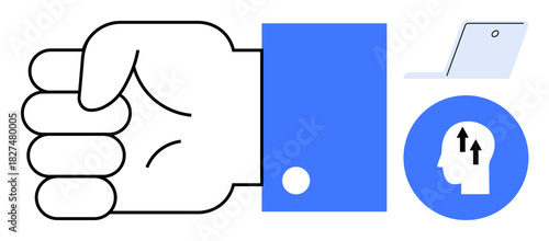 Business growth concept. A clenched fist, upward arrows in a head silhouette, and a laptop business progress. Business growth, success, innovation, entrepreneurship, motivation