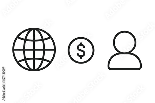 Simple outline icons representing global finance, currency, and individual users