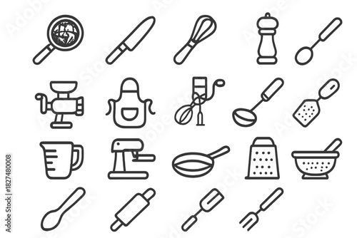 Essential kitchen tools and cooking utensils line art collection