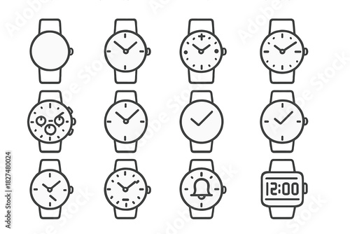 Set of minimalist line icons representing wristwatches, smartwatches, and timekeeping devices