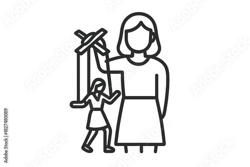 Large figure controlling a small marionette puppet symbolizing manipulation and power dynamics