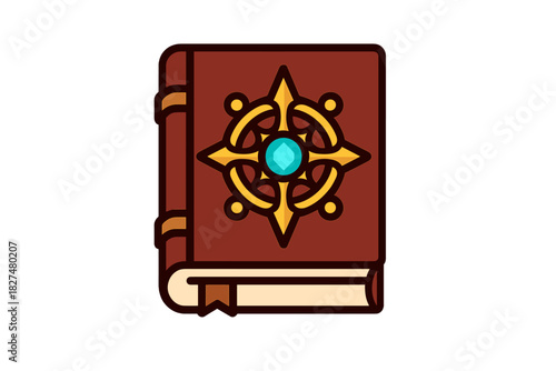 Ancient mystical spellbook with ornate golden symbol and blue gem on the cover