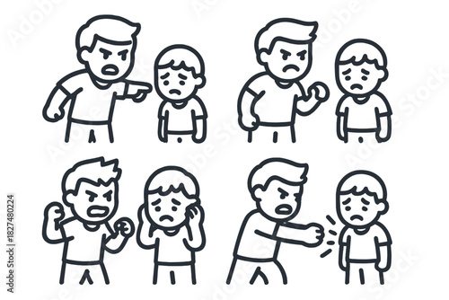 Scenes depicting verbal abuse, bullying, and conflict between an aggressor and a victim