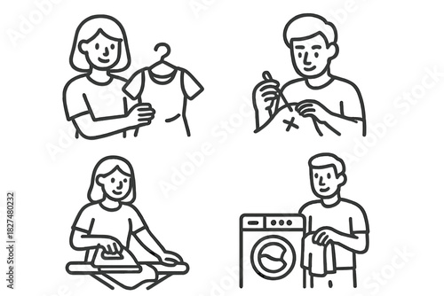 Washing, ironing, sewing, and folding laundry activities for clothing maintenance and care