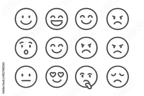 Collection of minimal outline emoji icons depicting diverse facial expressions and emotional states