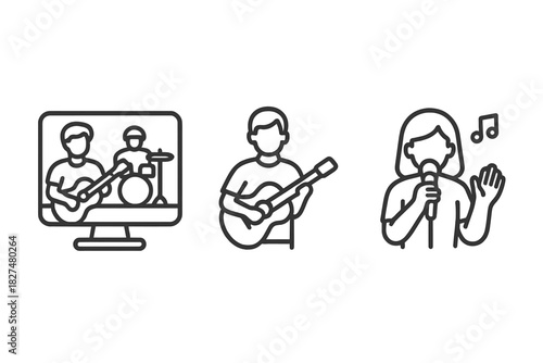 Set of line icons showing musicians performing live, playing guitar, singing, and streaming concert