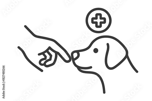 Caring hand touching a dog's nose with a medical cross symbol for veterinary medicine and animal health care