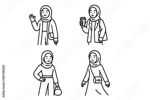 Minimalist line drawing set of a young woman wearing a hijab in various poses