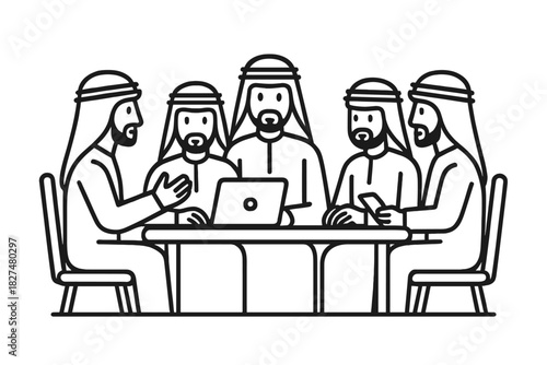 Arab businessmen meeting around a table discussing strategy using a laptop
