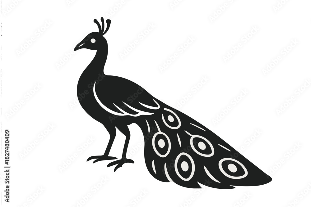 Fototapeta premium Stylized black silhouette of a majestic peacock with decorative tail feathers