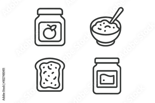 Simple line icons of breakfast foods: jam, cereal, and toast with spread