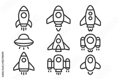 Minimalist line art set of nine spacecraft, rockets, and flying saucers