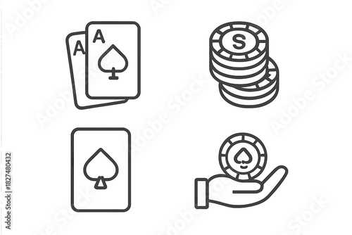 Playing cards, ace of spades, stacked chips, and a hand holding a betting token for casino games
