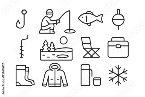 Minimalist black outline set of fishing tackle, outdoor apparel, and winter elements