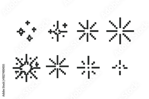 Pixel art collection of sparkle icons and starburst effects for retro video games