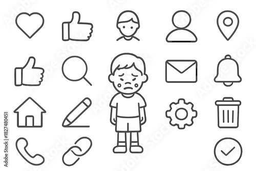 Outline icons for social media, communication, and user interface including a sad child character