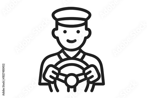 Professional driver wearing uniform cap operating vehicle steering wheel