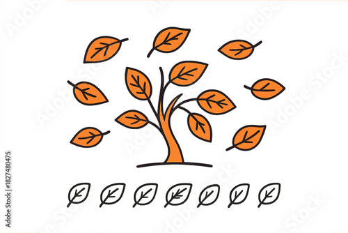 Stylized tree shedding orange autumn leaves with additional outline leaf icons