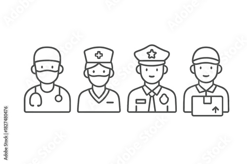 Minimalist line art avatars of essential frontline workers including doctor, nurse, police, and delivery person