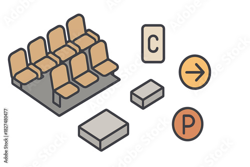 Isometric set of waiting area chairs, travel luggage, and directional service signs