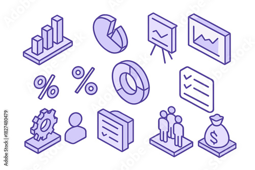 Isometric business icons set featuring charts, graphs, percentage signs, money bag, and team silhouettes