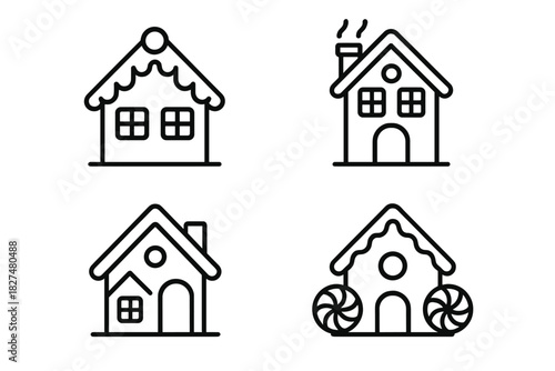 Festive gingerbread houses and sweet holiday homes in simple black outline style