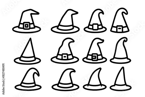 Assortment of classic and curved pointed hats with buckles for magic, fantasy, and Halloween themes