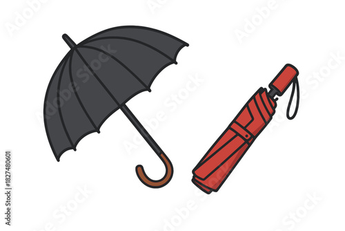 Open black umbrella and closed red folding umbrella set for rainy weather protection