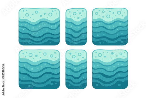 Six rounded square icons showing layered blue ocean waves and surface foam