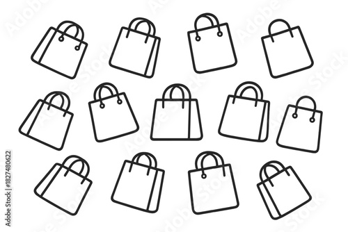 Repeating background pattern featuring simple black line icons of paper shopping bags