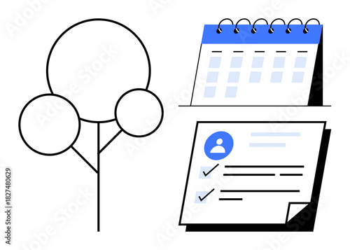 Calendar, checklist with profile icons, and abstract tree symbolizing planning, organization, and growth. Ideal for productivity, time management, personal development, business strategy scheduling
