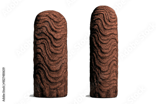 Two abstract cylindrical objects with rough brown texture and wavy organic patterns isolated on white background