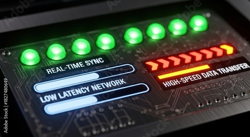 low latency network concept. Control panel with indicators for data transfer and network sync.