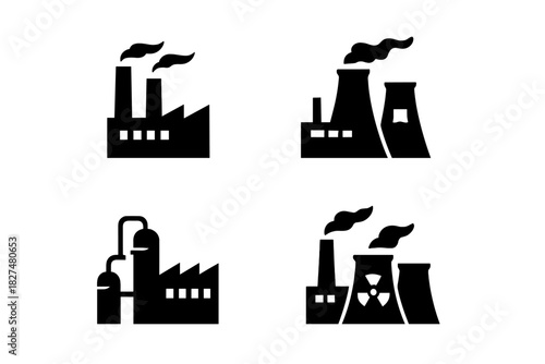 Set of industrial facilities silhouettes including factory, chemical refinery, and nuclear power plant