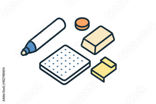 Isometric essential supplies set for whiteboard presentations and work