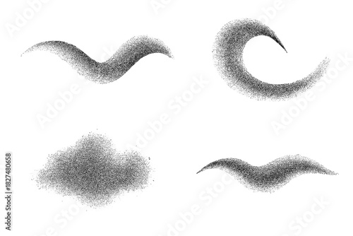 Abstract black stipple texture shapes set with grainy halftone dot effect on white background