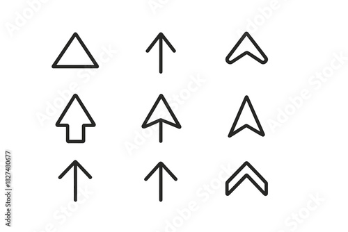 Collection of nine minimalist outline icons depicting upward arrows and navigation pointers