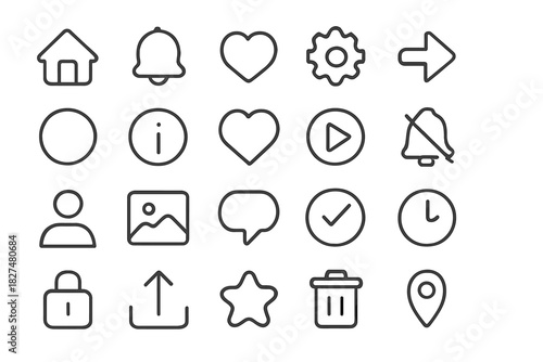 Essential outline icons set for UI design, web navigation, and social media symbols