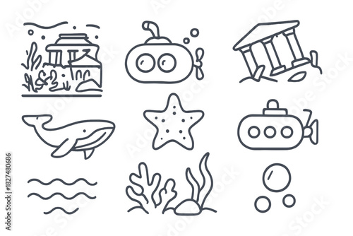 Underwater exploration symbols depicting marine life, sunken ruins, and submersibles