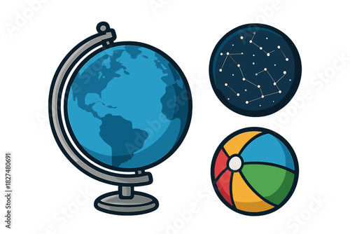Terrestrial globe, constellation map, and colorful beach ball set for education and recreation