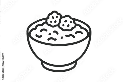 A hearty bowl of warm breakfast food, such as oatmeal or porridge, garnished with two large toppings