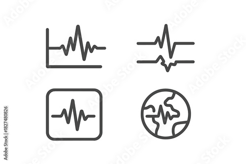 Outline symbols showing pulse, heartbeat, seismic activity, and global health monitoring