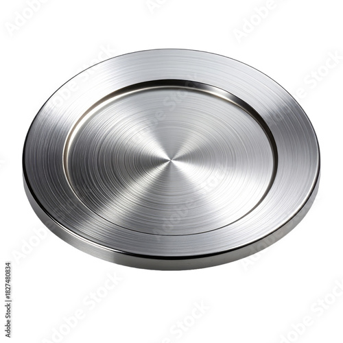 A close-up, high-contrast studio shot of a circular, brushed metal object against a black background.