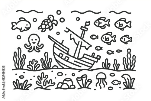 Sunken shipwreck resting on the seabed surrounded by marine animals and ocean plants