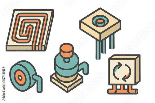 Isometric icons of heating plumbing and energy circulation system components