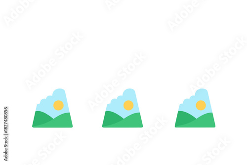 Minimalist landscape icons featuring rolling green hills, blue sky, and yellow sun